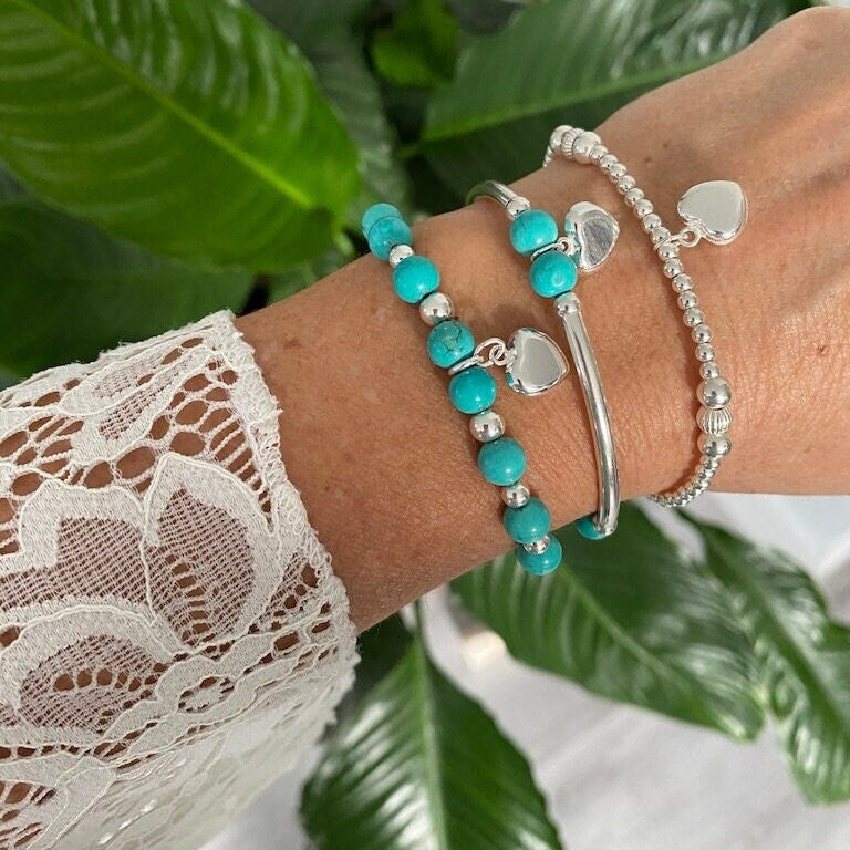 Turquoise Silver heart charm beaded bracelet stacking jewelry gift for women