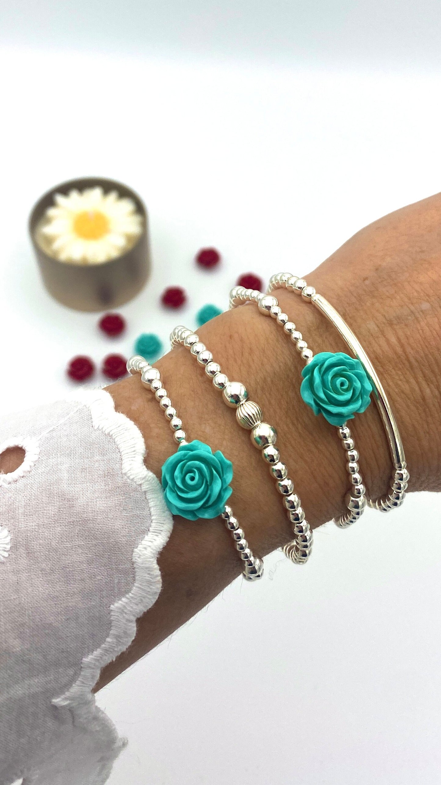 Blue flower bracelet and rose earrings set sterling silver spring gift