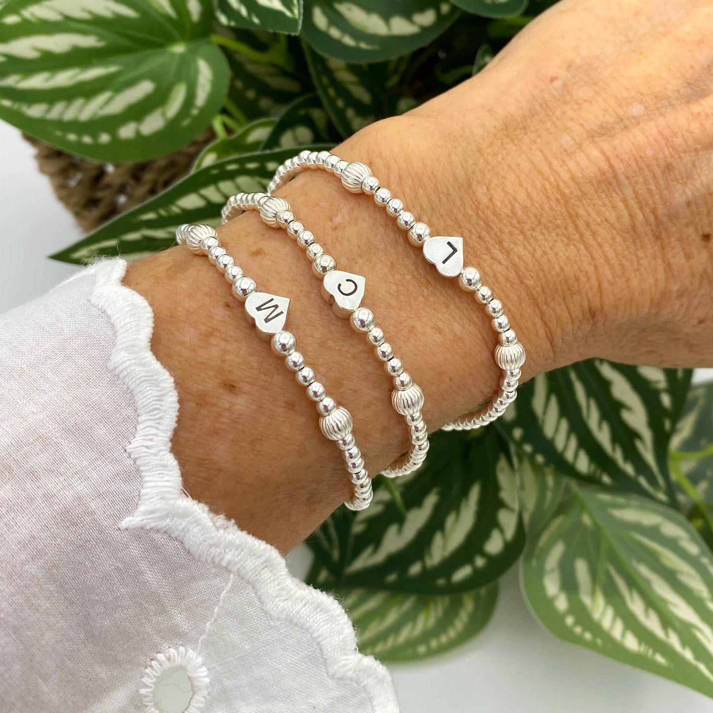 Sterling silver personalized bracelet with name initial and heart charm gift