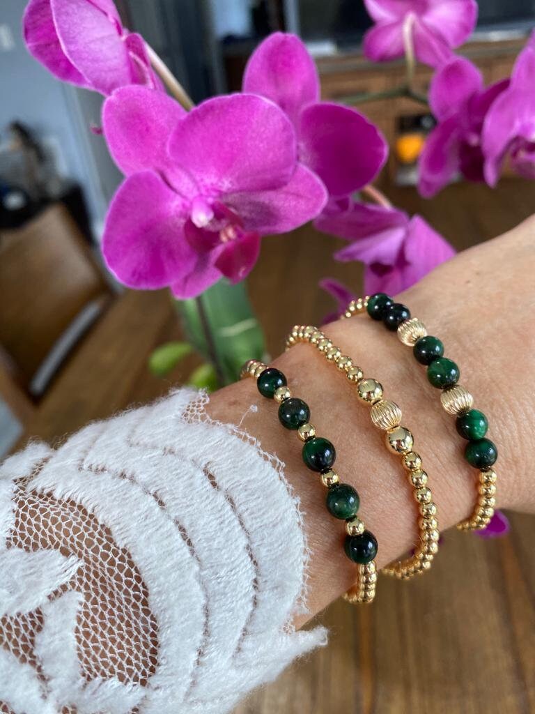 Gold Filled Green Bracelet Tiger Eye Beaded Jewelry for Women