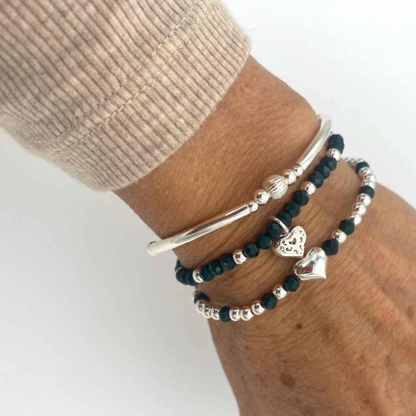 Sterling silver dark green crystal bracelet set heart charm personalized women jewelry gift