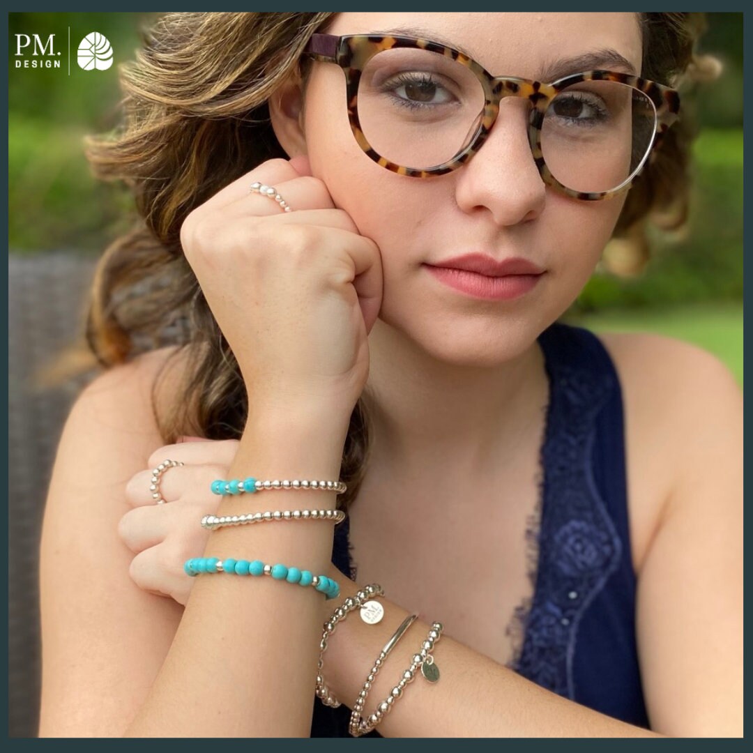 Turquoise sterling silver  Beaded Bracelet Turquoise jewelry set Layering silver Bracelets Blue Turquoise Stack Turquoise Mom's Gift