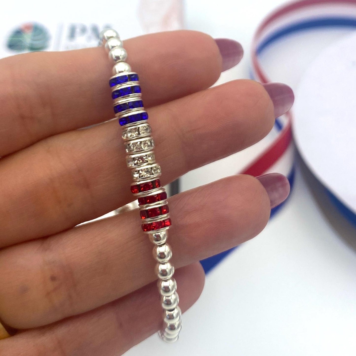4th of July crystal bracelet USA flag red white blue jewelry gift