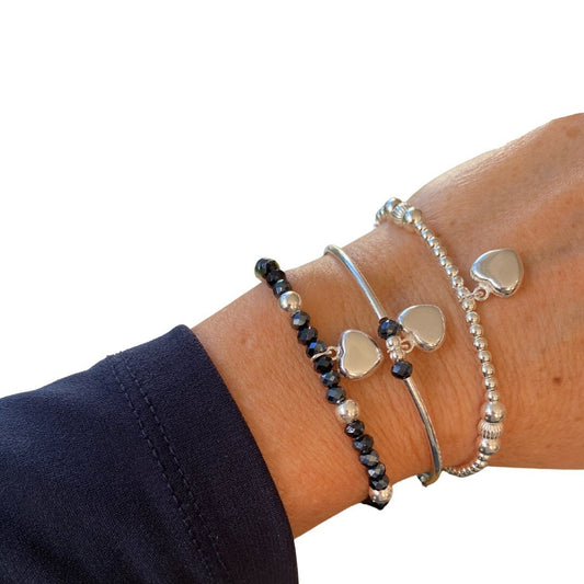 Blue Crystal Heart Bracelet Sterling Silver Charm Layered Jewelry Gift for Her