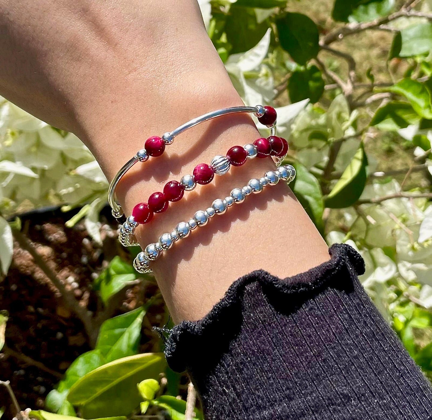 Pink Tiger Eye Sterling Silver Beaded Bracelet Layering Gift for Women