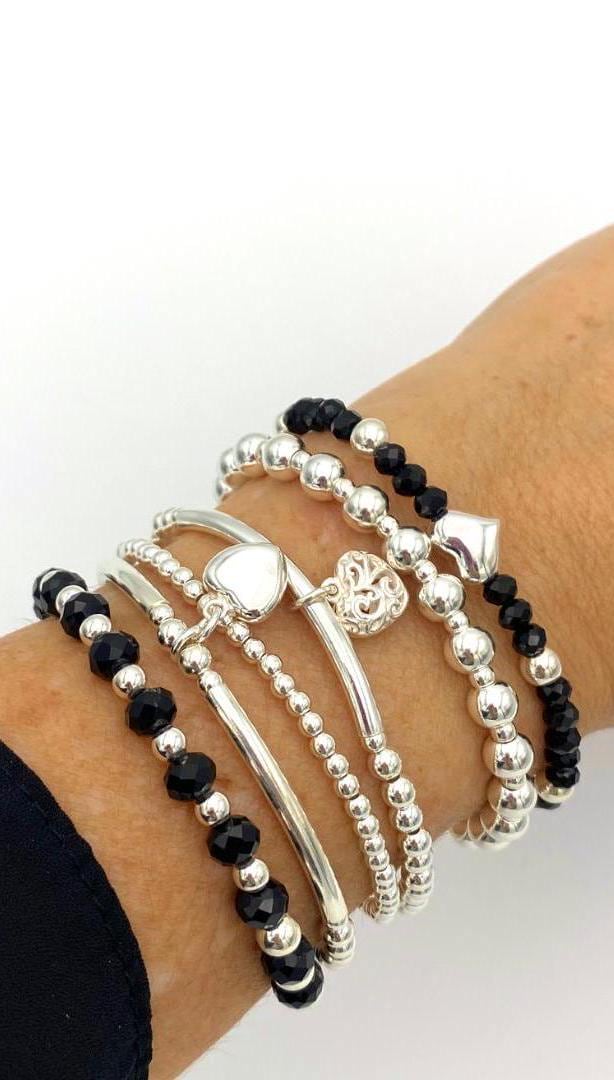 Silver black crystal stacking bracelet women jewelry beaded personalized heart charm gift set