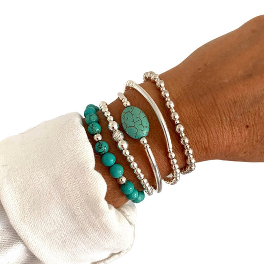 Turquoise and sterling silver beaded set women stretchy bracelet stack anniversary jewelry gift