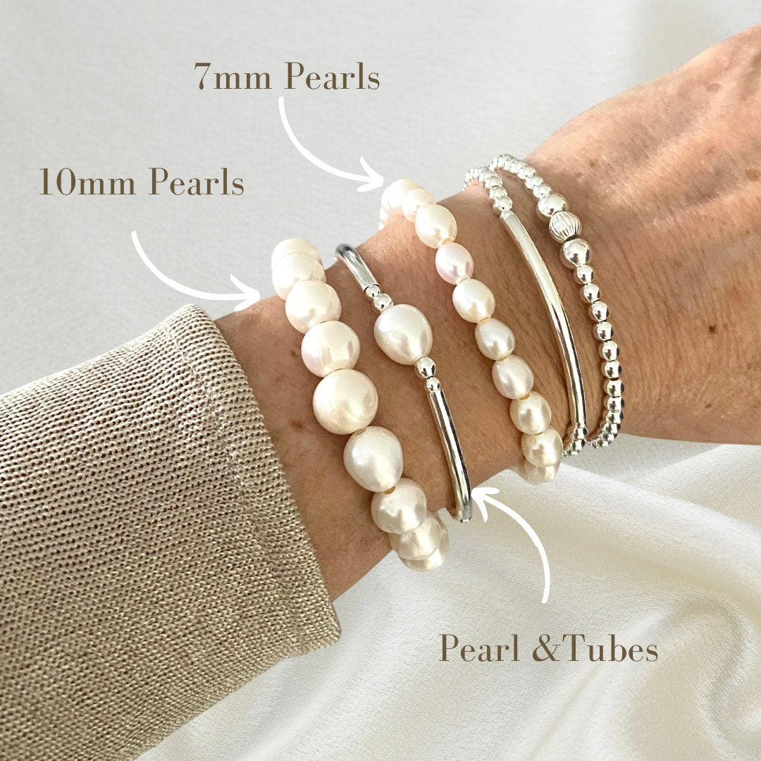 Sterling silver pearl bracelet and earrings set wedding day jewelry accessory bridesmaid personalized friendship gift