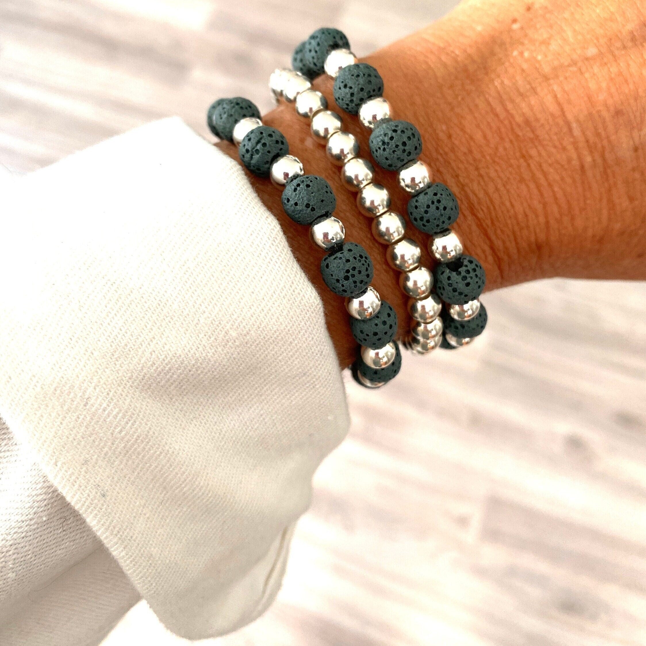 Blue Lava Stone & Sterling Silver Beaded Bracelet