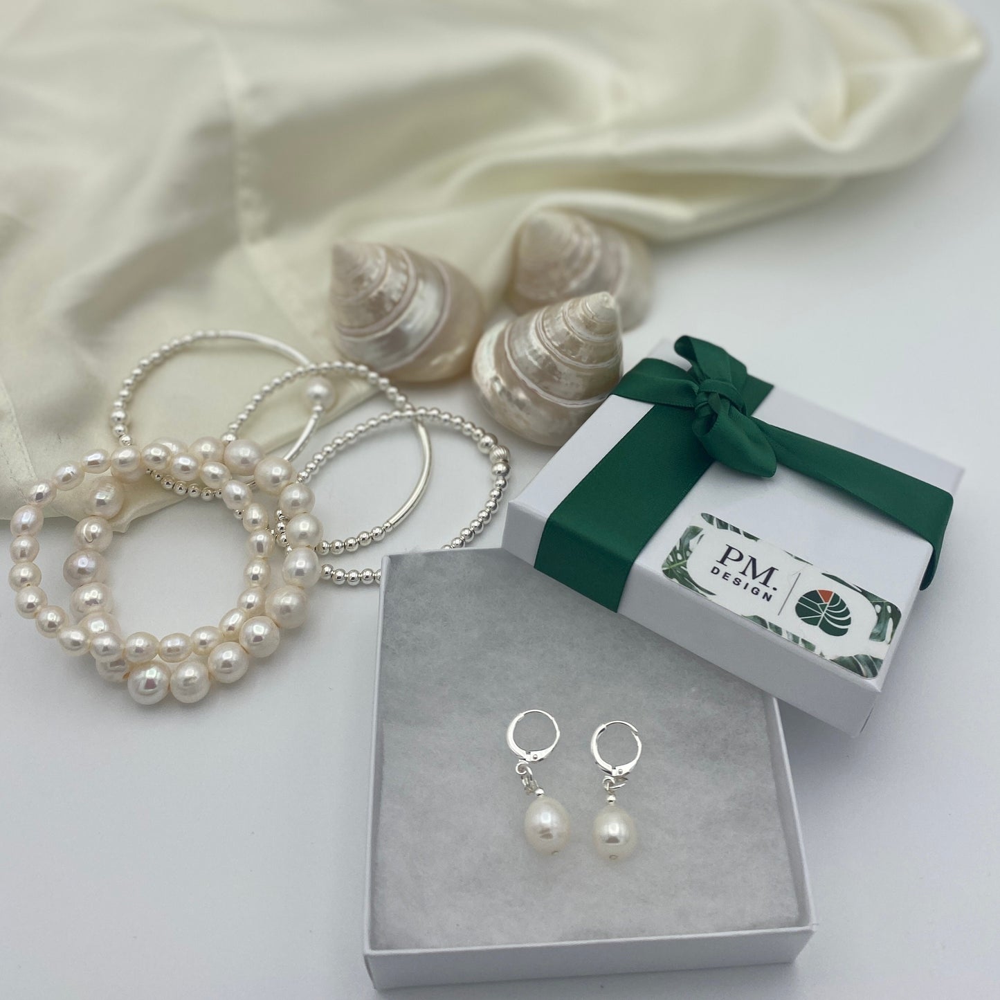 Sterling silver pearl bracelet and earrings set wedding day jewelry accessory bridesmaid personalized friendship gift