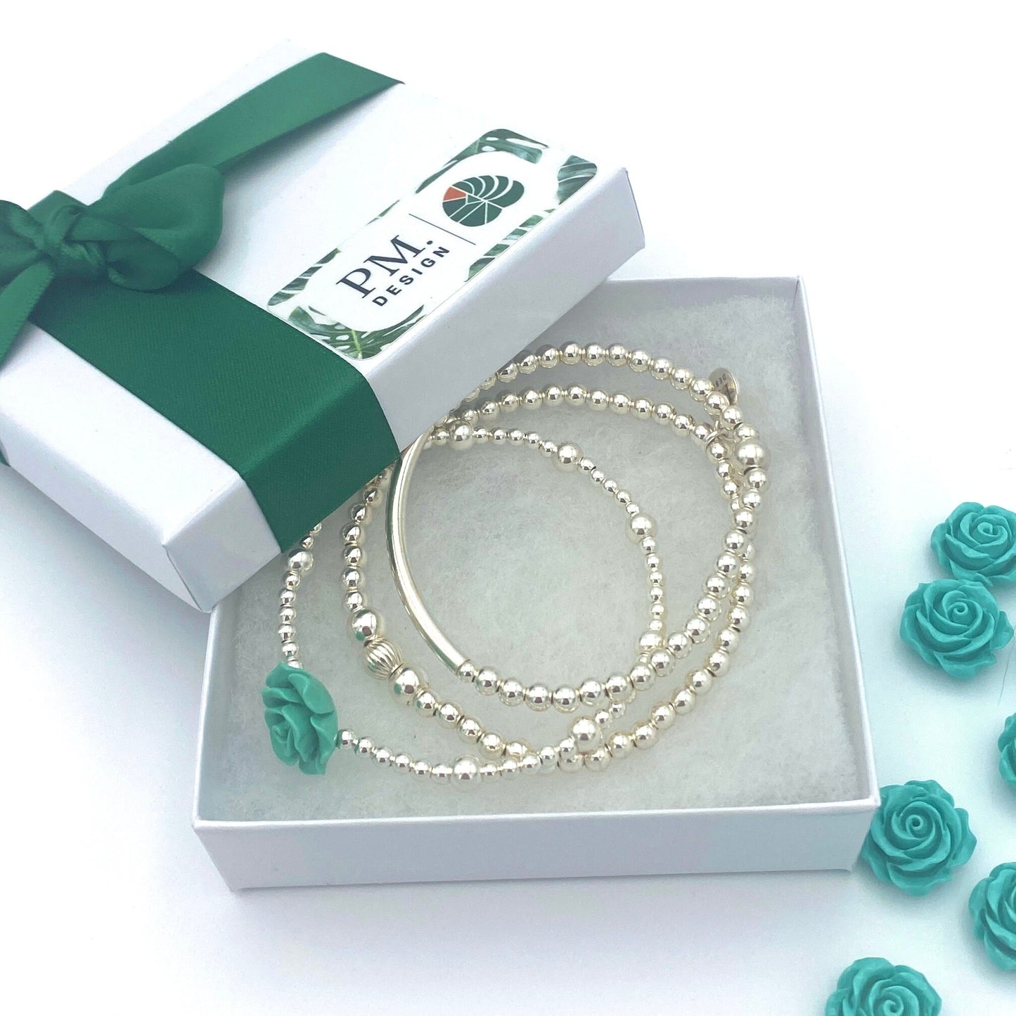 Blue flower bracelet and rose earrings set sterling silver spring gift