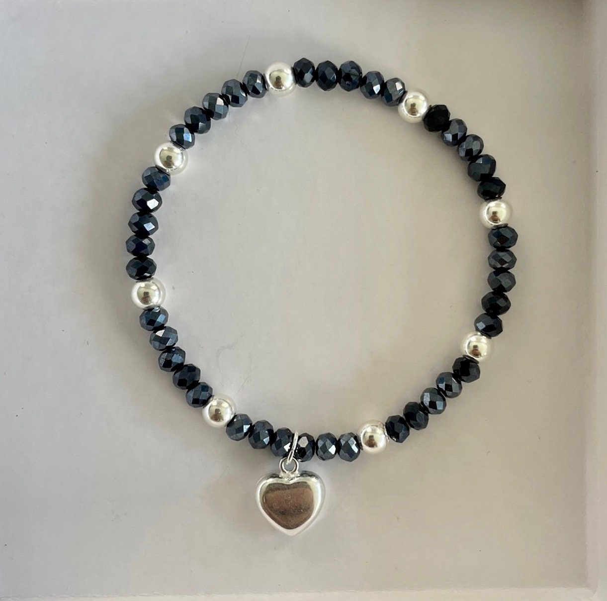 Blue Crystal Heart Bracelet Sterling Silver Charm Layered Jewelry Gift for Her