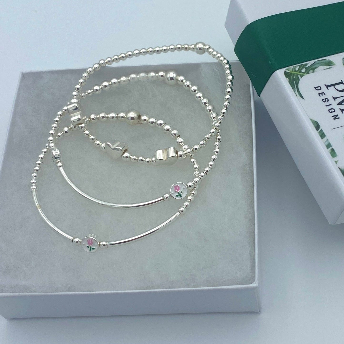 Silver Flower Charm Bracelet Pink Tulip Gift Set for Women