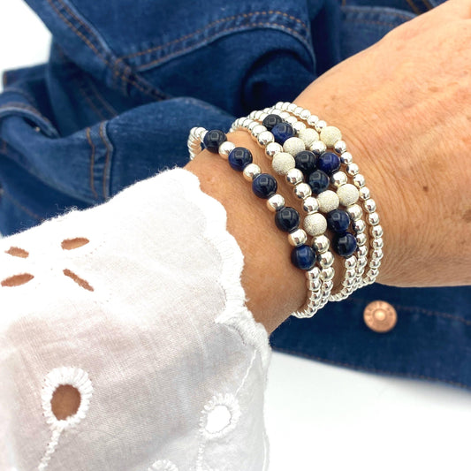 Sterling Silver Blue Gemstone Bracelet Set with Tiger Eye and Stardust Beads