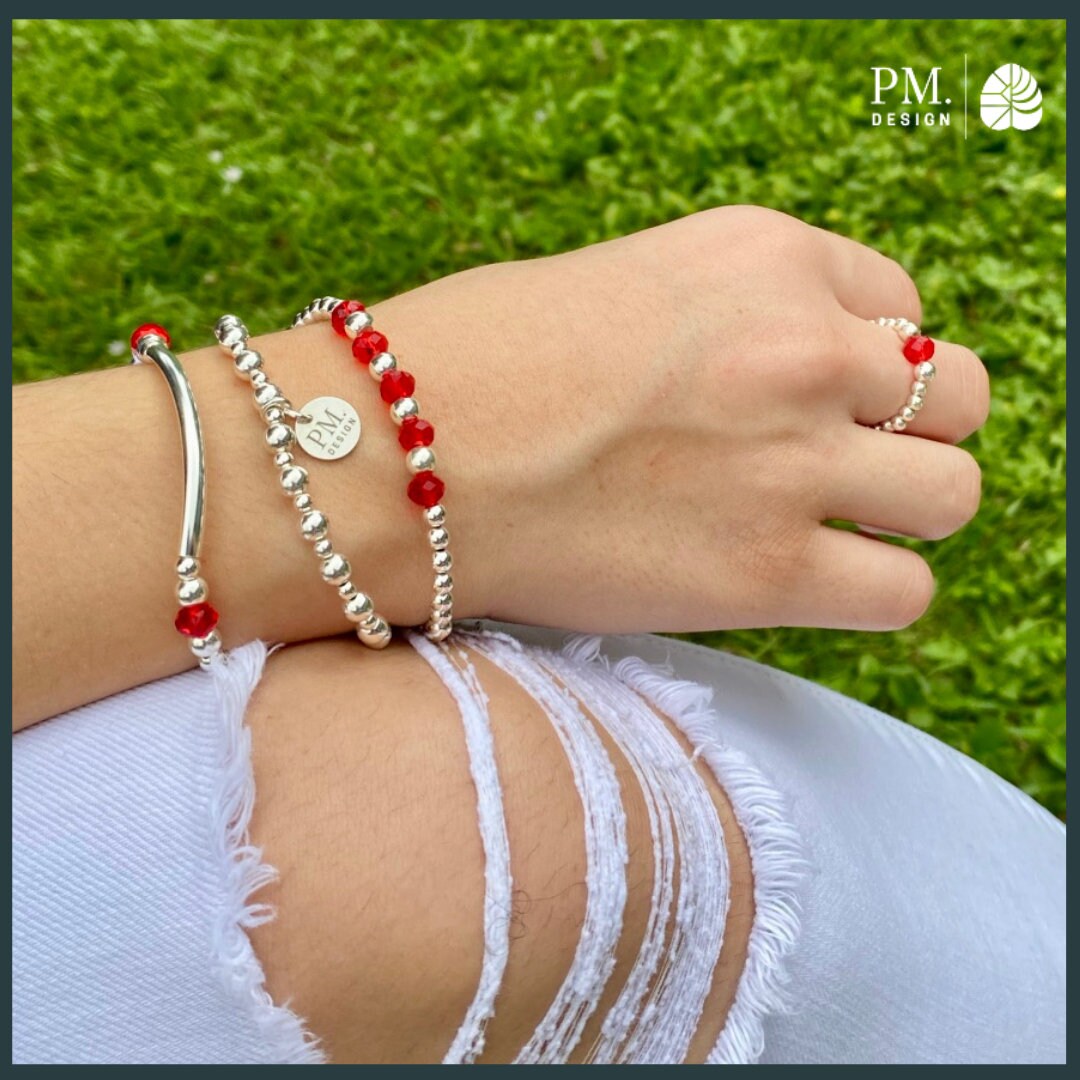 Red crystal sterling Silver Beaded Bracelet Crystal and Sterling Silver Tube Layering Bracelets Bright Cystal Stack Love mom gift idea