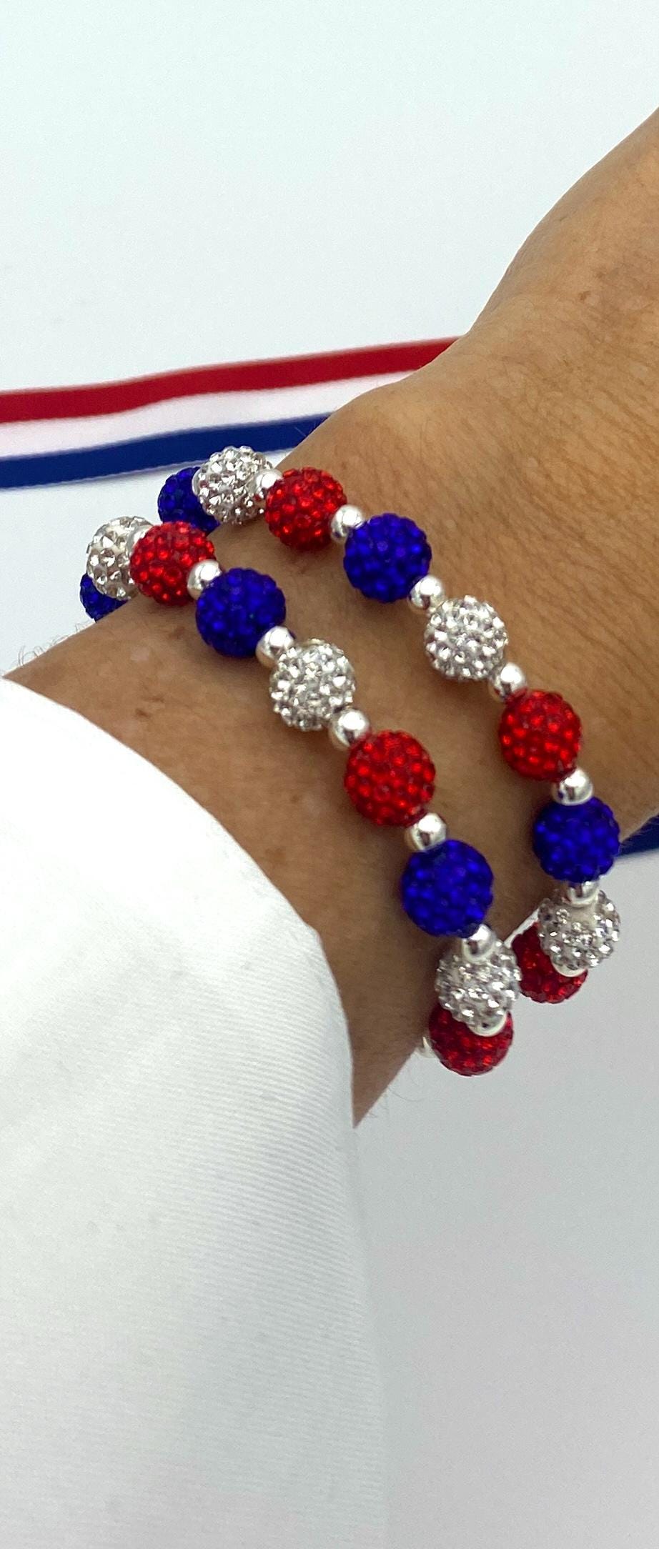 Red white blue bracelet USA crystal jewelry patriotic stretchy gift for her