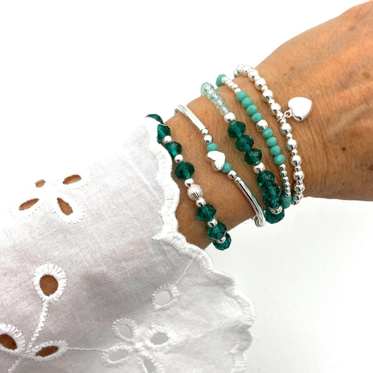 Sterling silver blue green crystal stacking bracelet personalized charm stretchy jewelry women gift