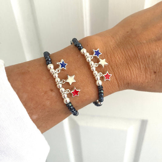 Patriotic navy crystal bracelet USA red white blue star charm gift