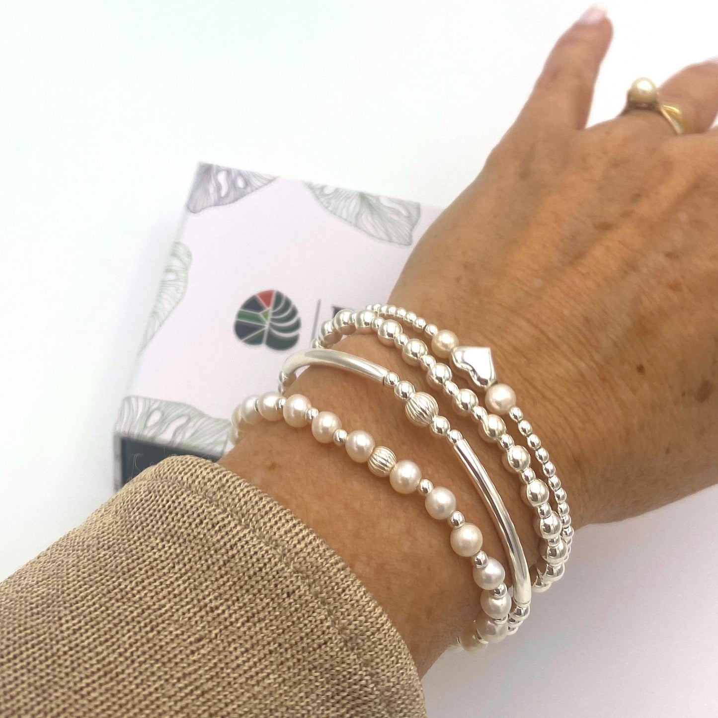 Pearl heart charm bracelet sterling silver wedding jewelry set gift for bridesmaid