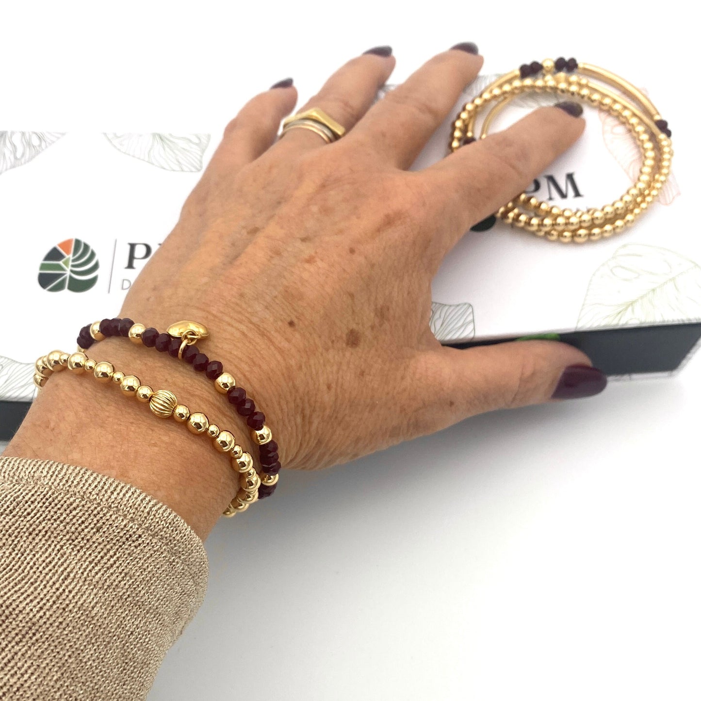 Gold Filled wine crystal beaded bracelet Heart Charm Women Jewelry friendship Gift