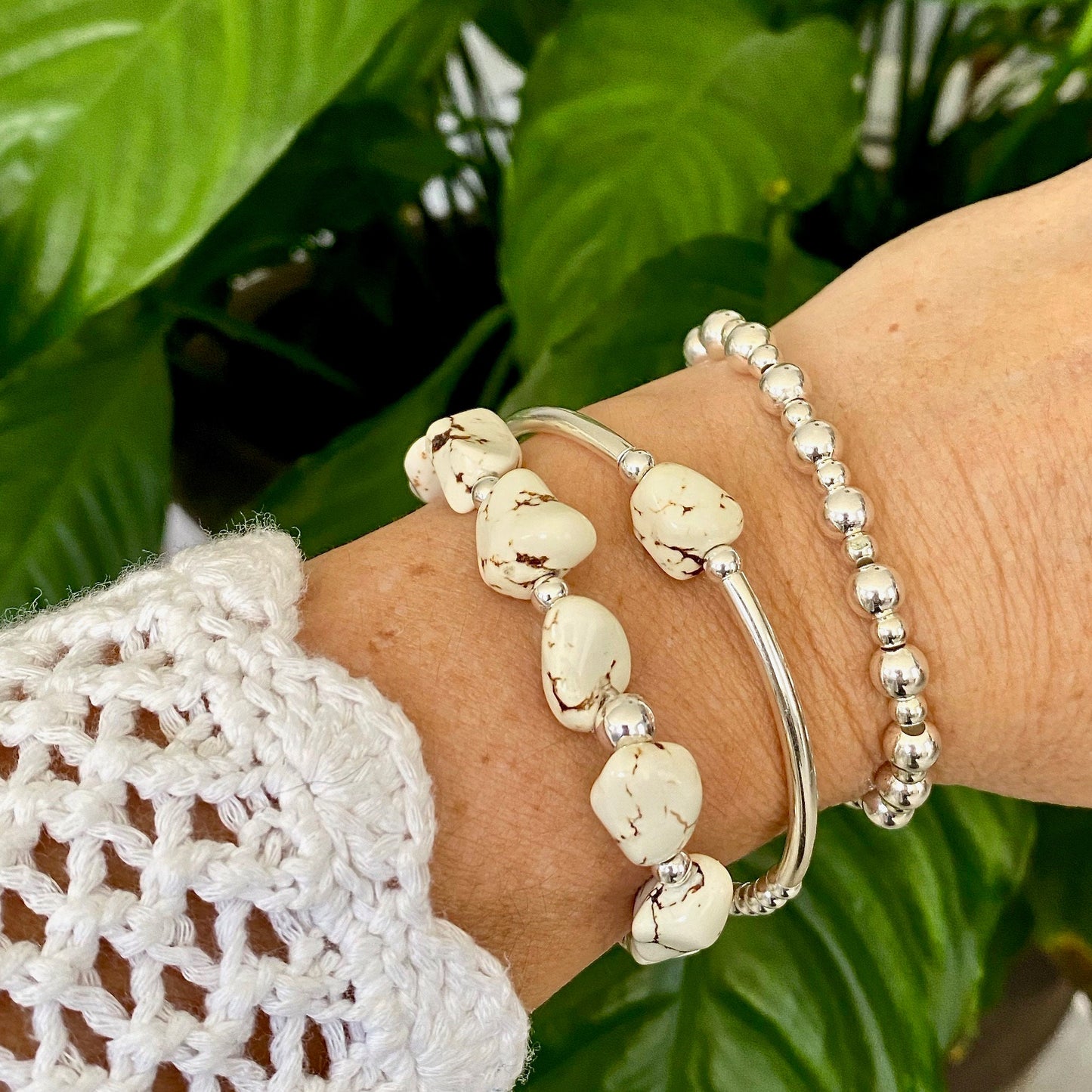Sterling Silver and White Howlite Stretchy Bracelet Beaded Bracelet for Women Special Gift Jewelry