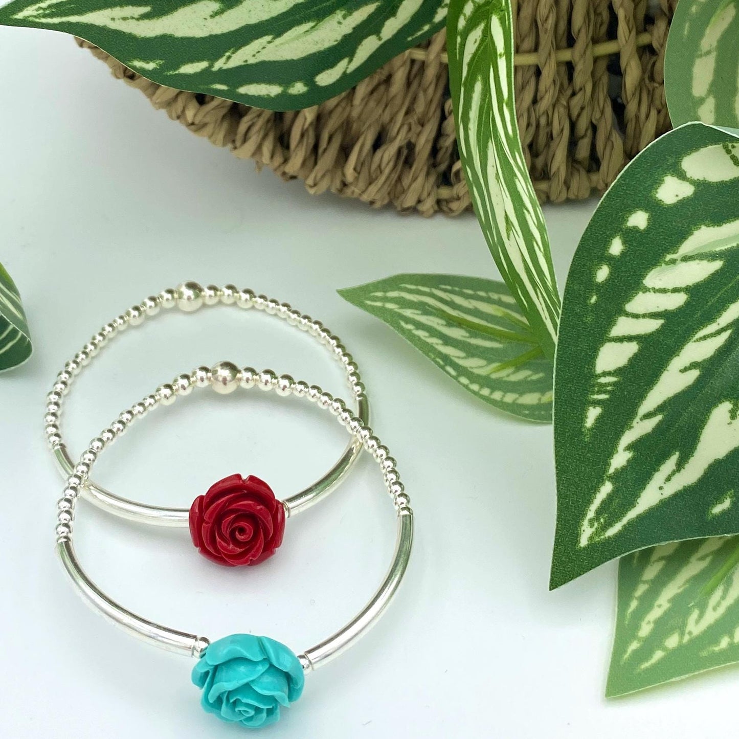 Sterling silver flower bracelet red rose spring jewelry elegant gift for women blue flower dainty mom present