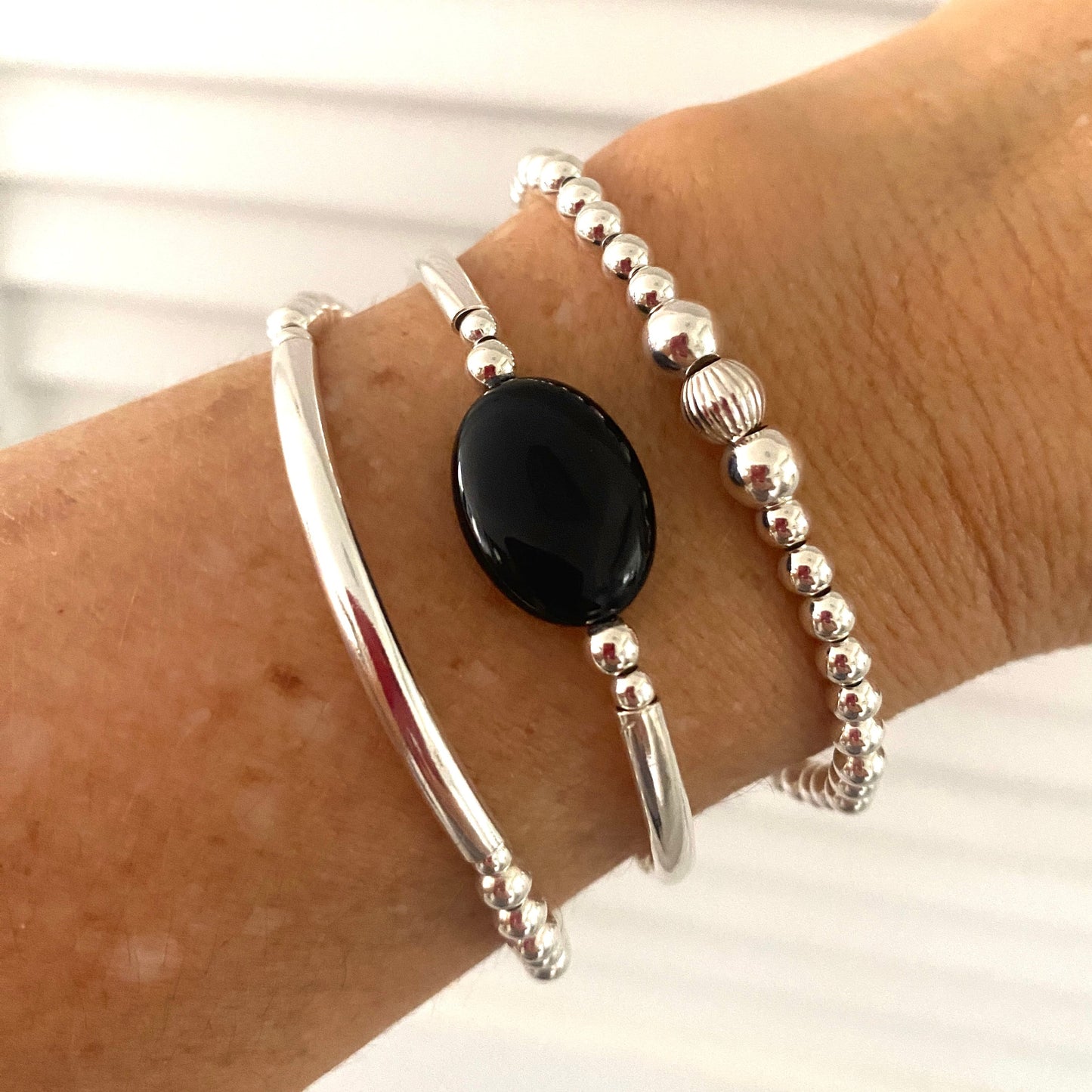 Black onyx sterling silver stacking bracelet women stretchy gemstone jewelry friend birthday gift