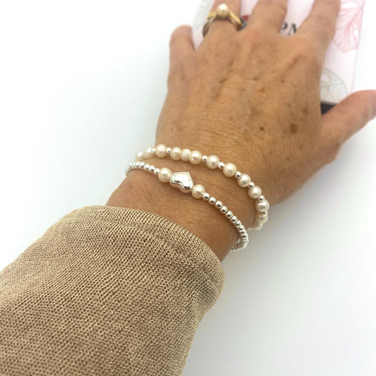 Pearl heart charm bracelet sterling silver wedding jewelry set gift for bridesmaid