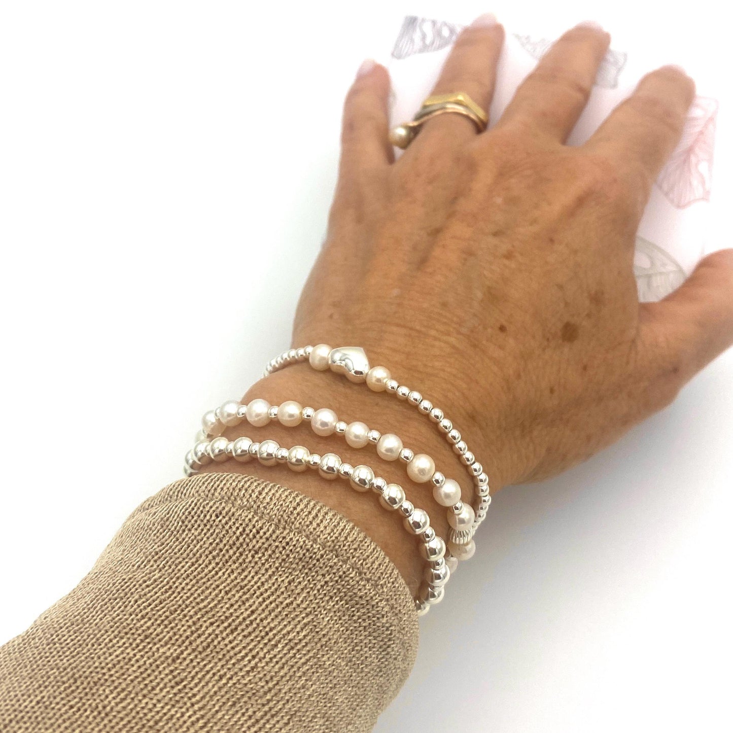 Pearl heart charm bracelet sterling silver wedding jewelry set gift for bridesmaid