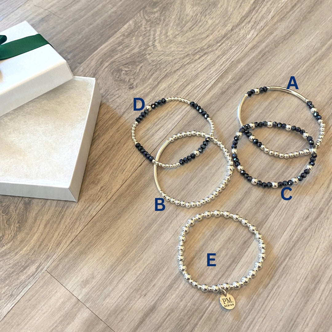 Blue crystal sterling silver beaded bracelet stretchy jewelry set gift for women