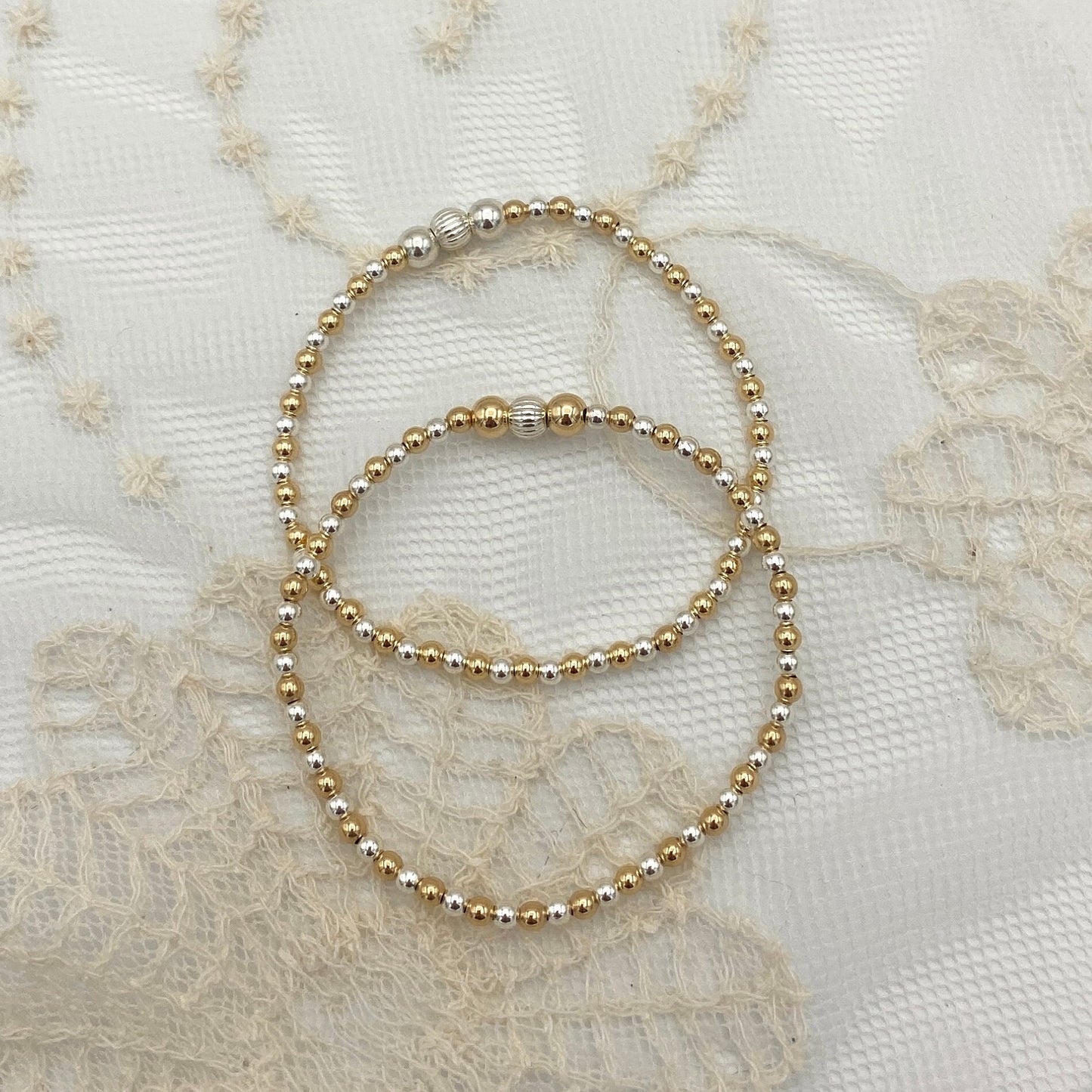 Beaded Silver and Gold Bracelet Set Stacking Everyday Jewelry Gift for Her