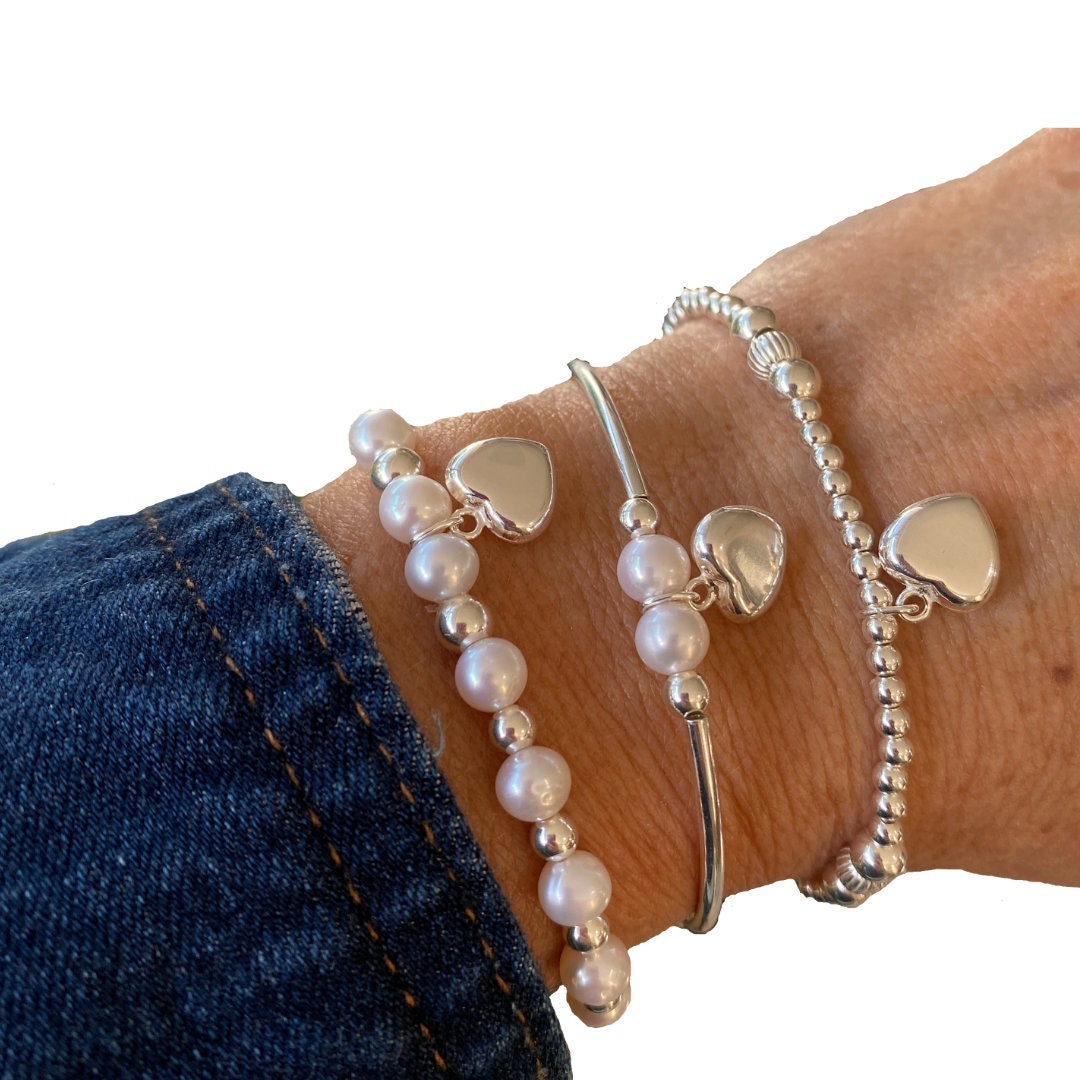 Sterling silver heart charm pearl bracelet set personalized gift for her elegant silver and pearl jewelry