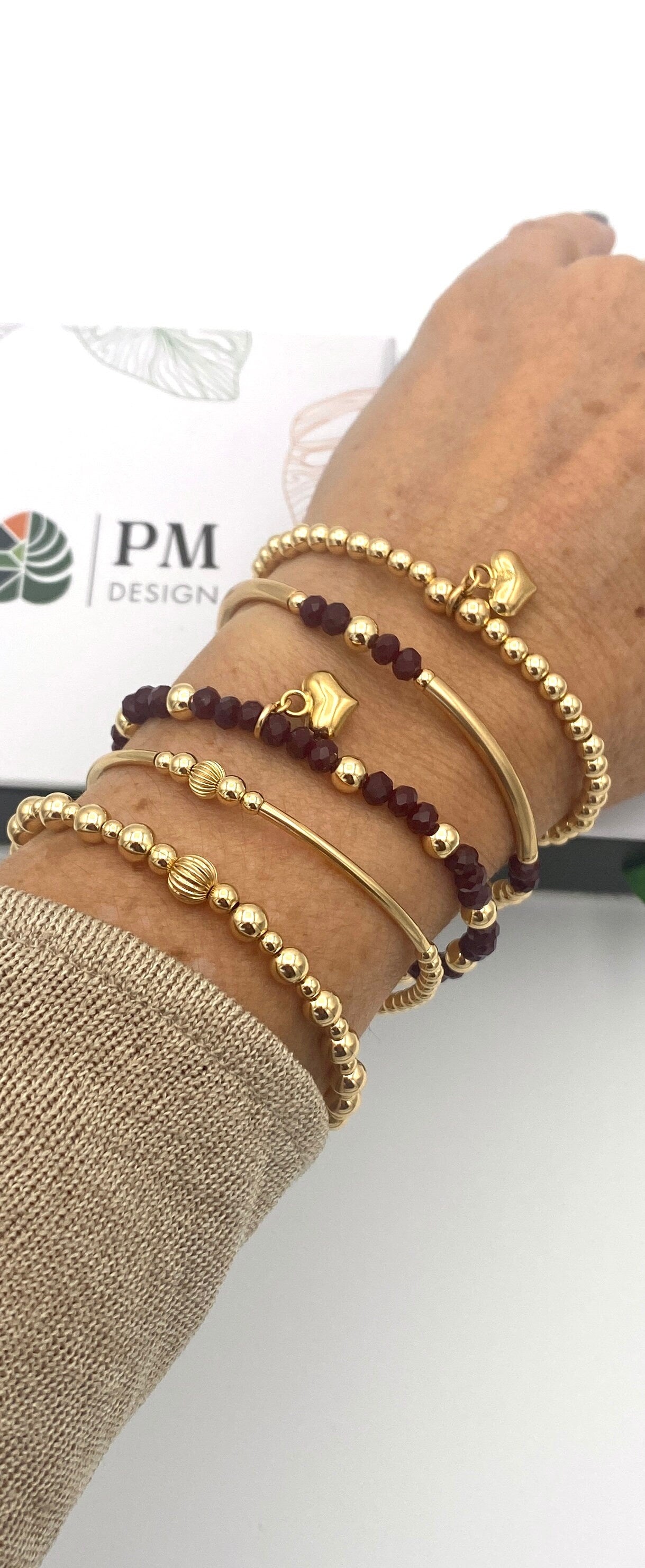 Gold Filled wine crystal beaded bracelet Heart Charm Women Jewelry friendship Gift