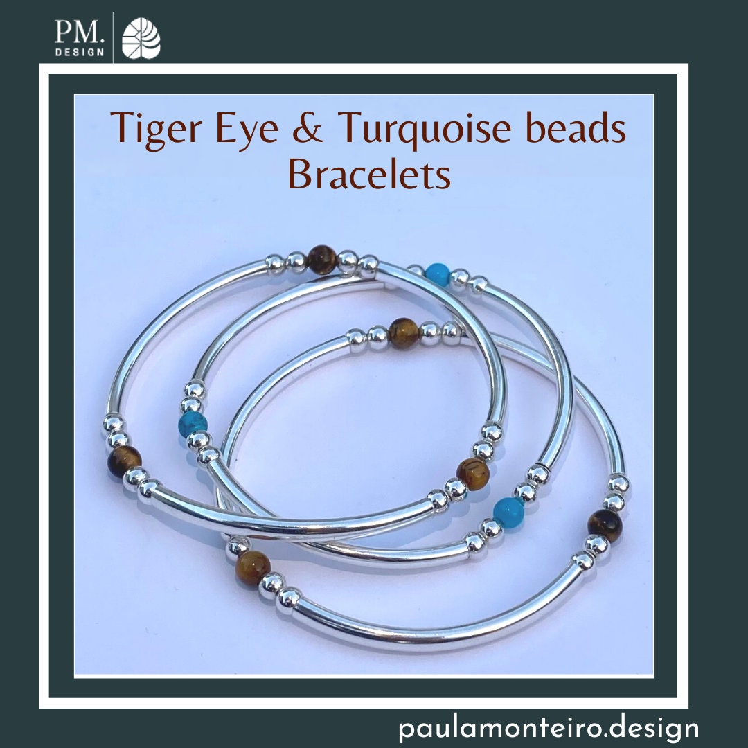 Tiger Eye Turquoise Silver Bracelet 925 Sterling Layering Beaded Jewelry Gift for Mom
