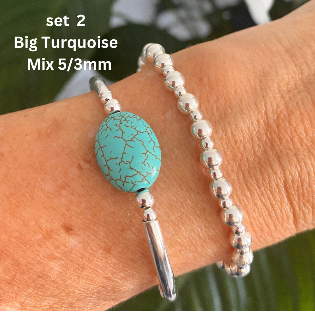 Turquoise silver beaded bracelet for women stacking jewelry birthday gift anniversary stretchy set