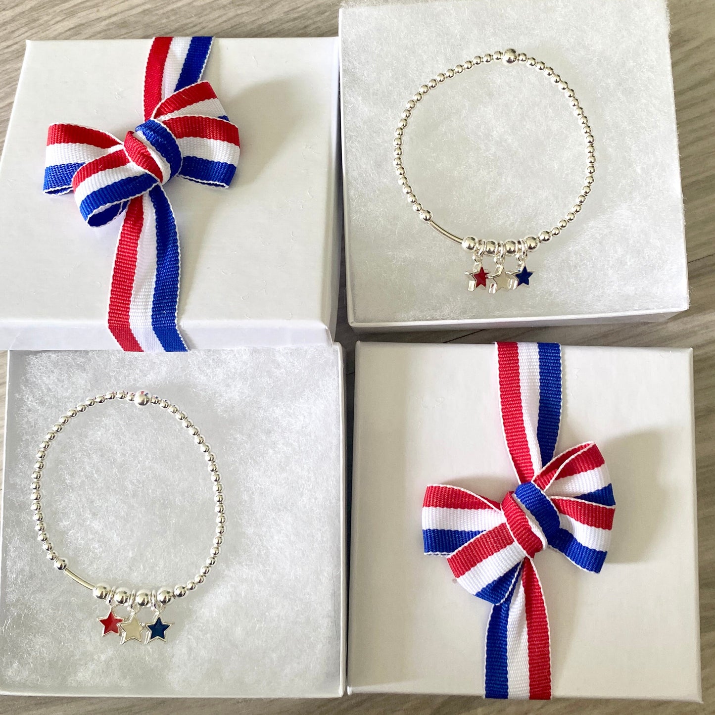 Patriotic stars bracelet set red white blue charms sterling silver USA gift