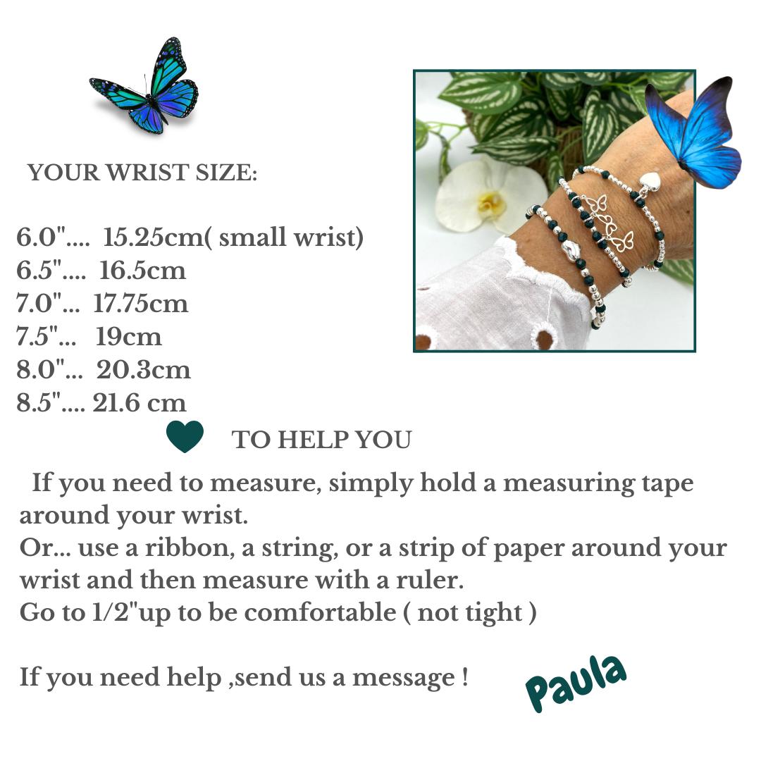 Sterling silver dainty charm bracelet with dark green crystal heart and butterfly gift