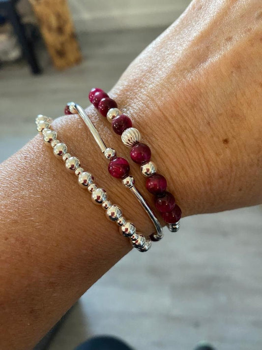 Pink Tiger Eye Sterling Silver Beaded Bracelet Layering Gift for Women