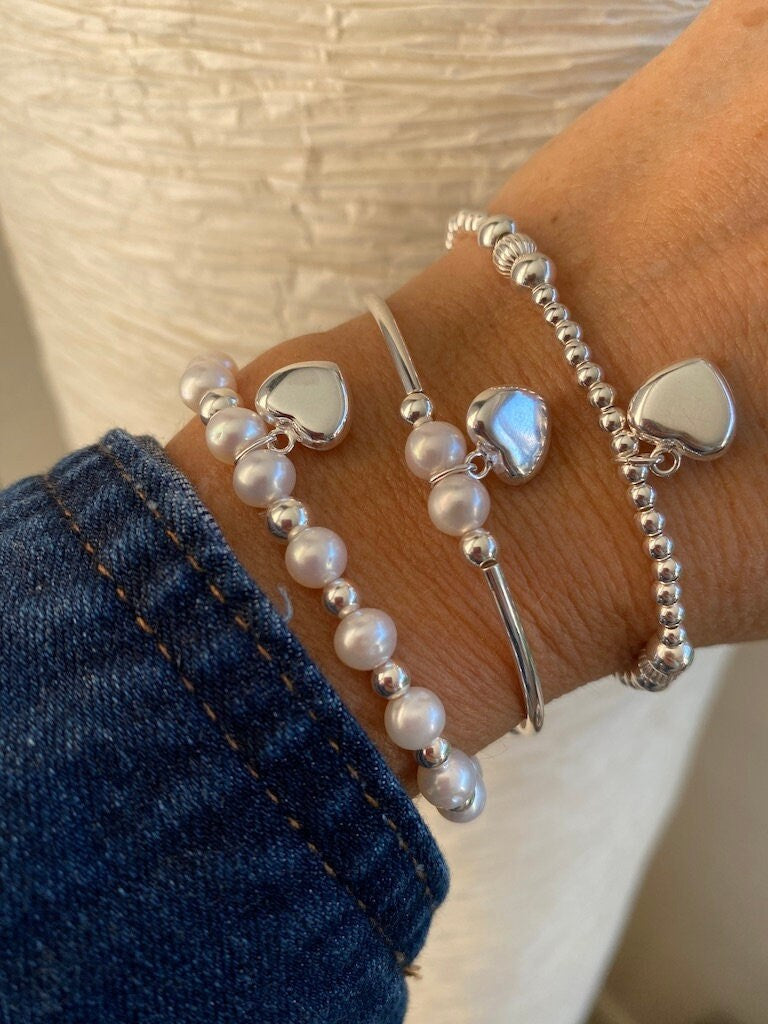 Sterling silver heart charm pearl bracelet set personalized gift for her elegant silver and pearl jewelry