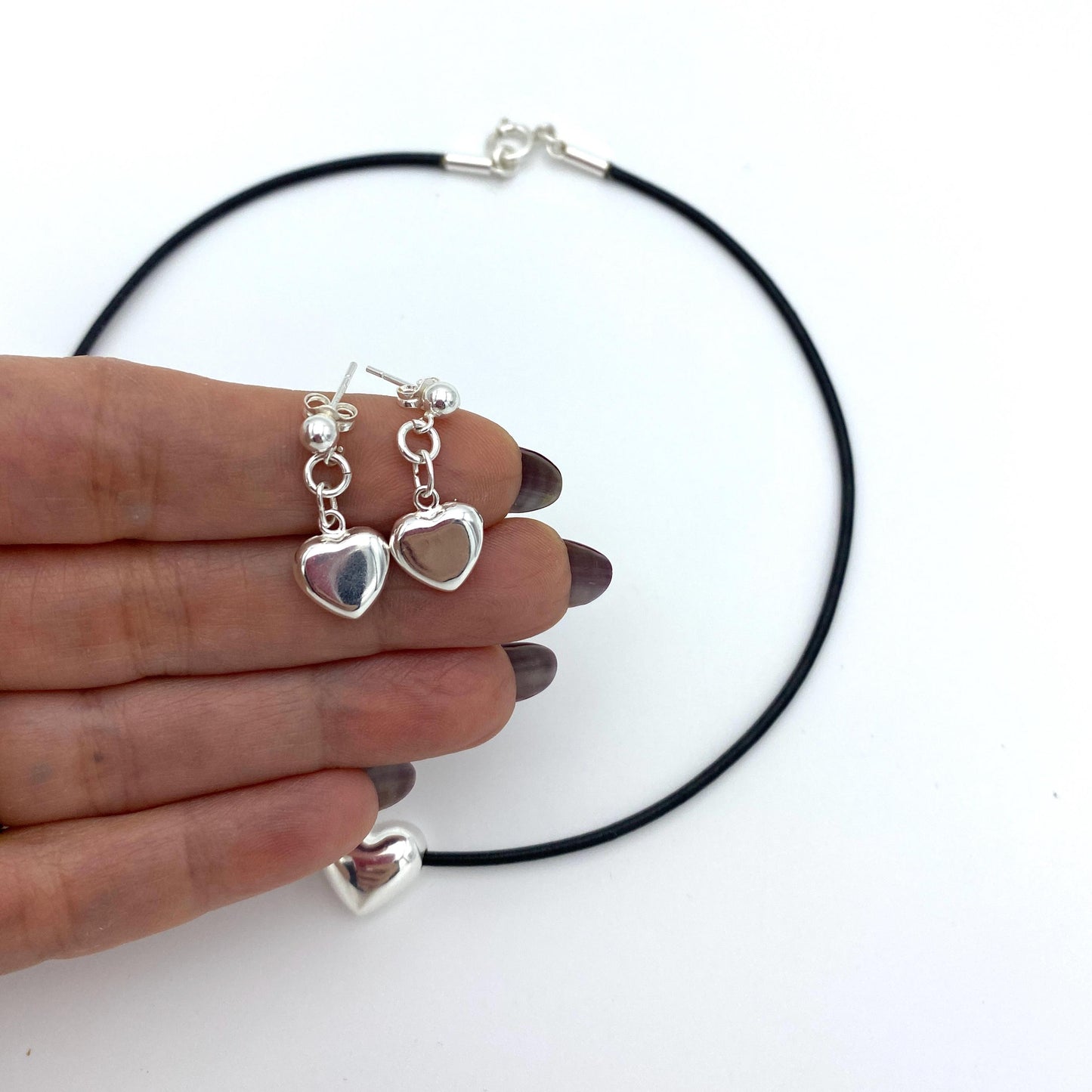 Leather Choker and Silver Earrings Set with Heart Charm Personalized Gift for Her