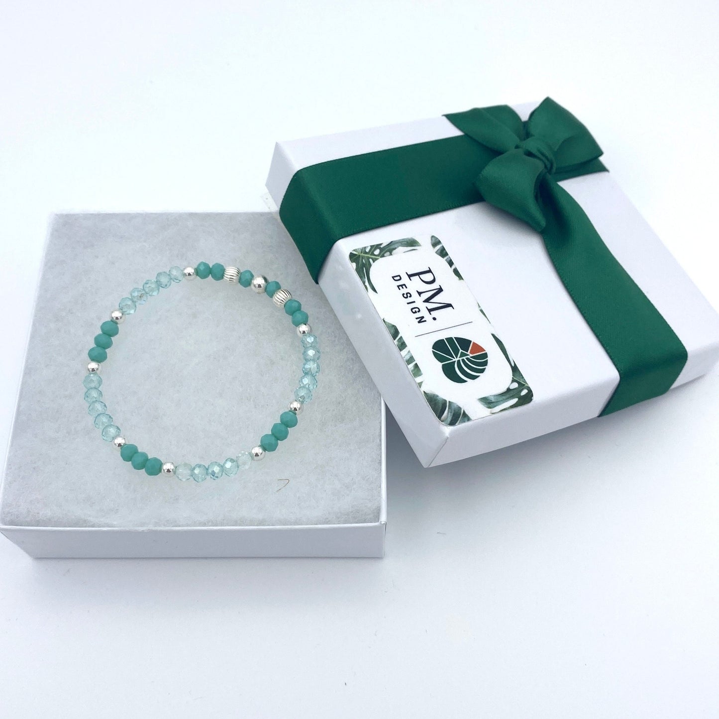 Sterling Silver Blue and green Crystal Bracelet with Personalized Charm for Her
