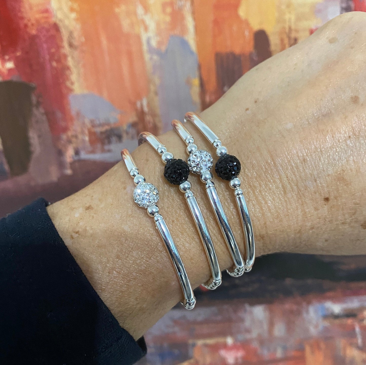 Sterling silver black and white crystal bracelet beaded and tubes rhinestone women jewelry gift