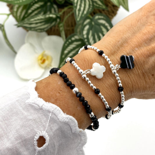 Sterling silver flower charm bracelet black and white jewelry gift for mom classic floral piece for her