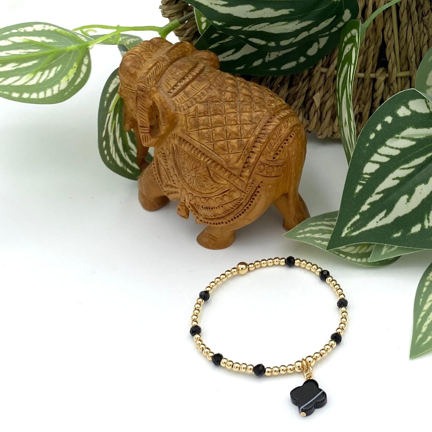 Gold filled spring charm bracelet nature inspired flower and elephant jewelry gift for women