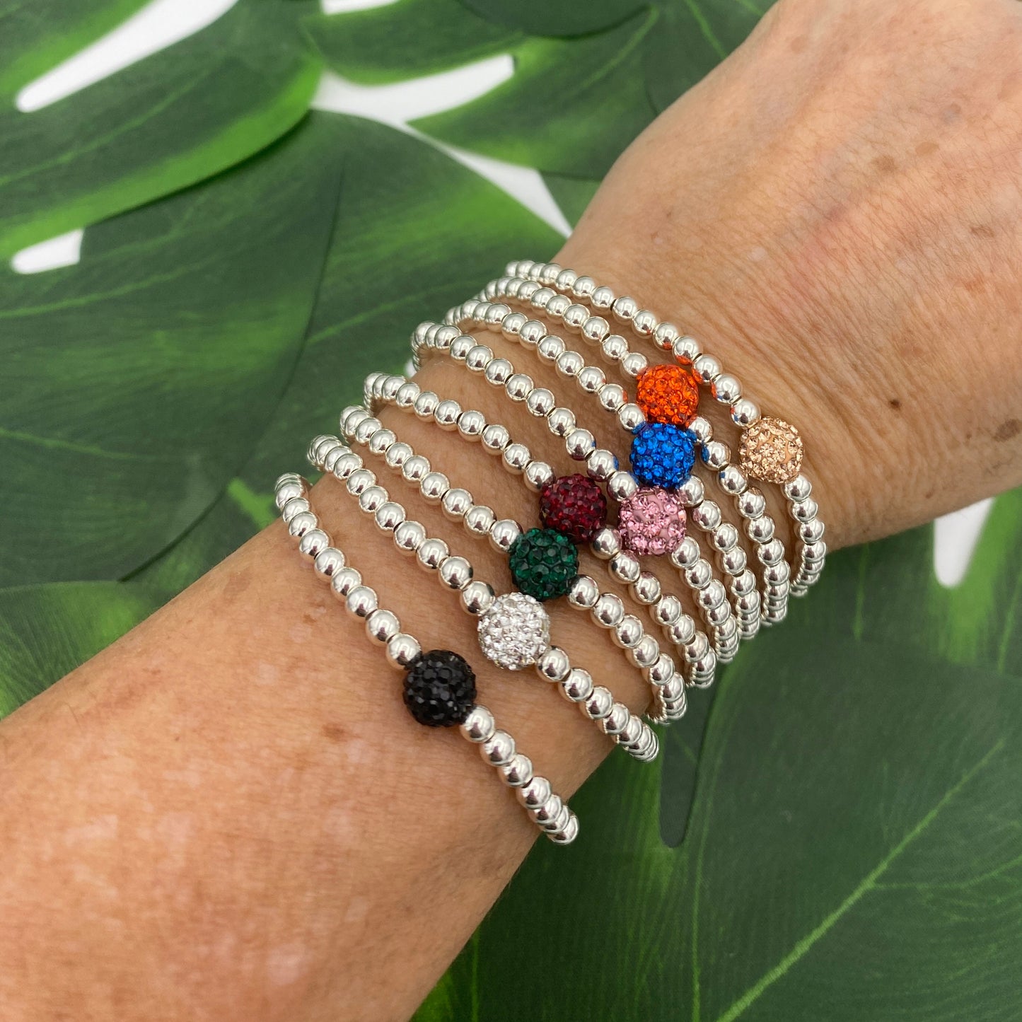 Sterling silver rhinestone colors stretchy bracelet crystal color stacking jewelry gift for her