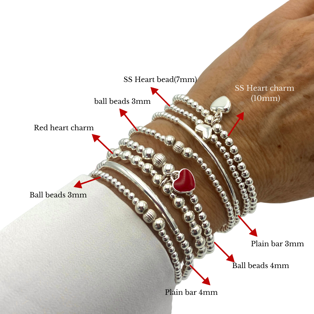 sterling silver red heart charm personalized bracelet stretchy jewelry set gift for women